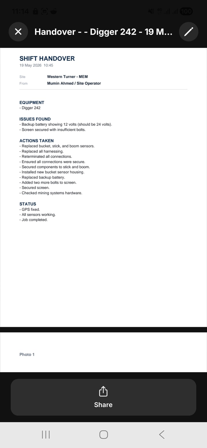 ShiftCore-generated handover PDF — Shift Handover 19 May, Western Turner, Digger 242, Equipment / Issues Found / Actions Taken / Status sections in plain English.