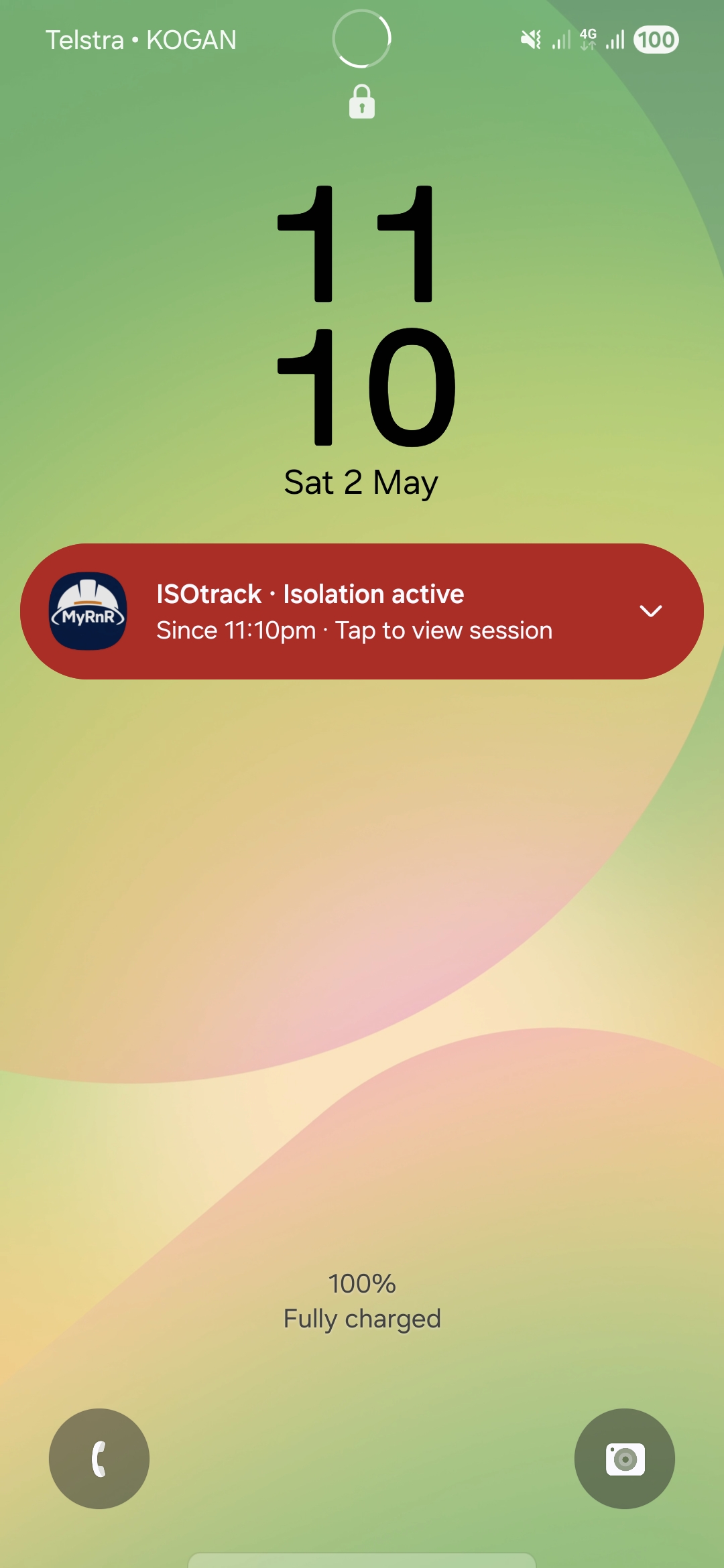 MyRnR ISOtrack notification card on a phone lock screen, red: ISOtrack · Isolation active · Since 11:10pm