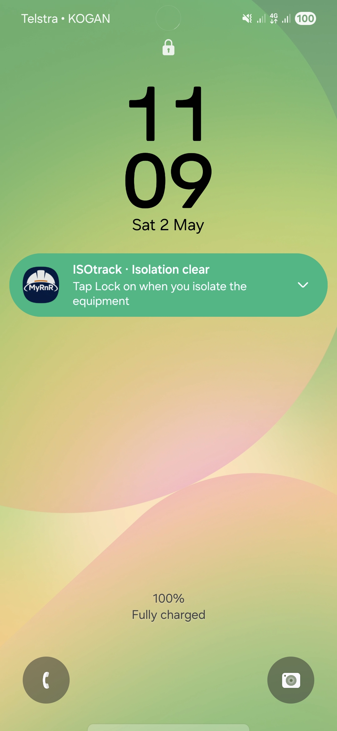 MyRnR ISOtrack notification card on a phone lock screen, green: ISOtrack · Isolation clear · Tap Lock on when you isolate the equipment