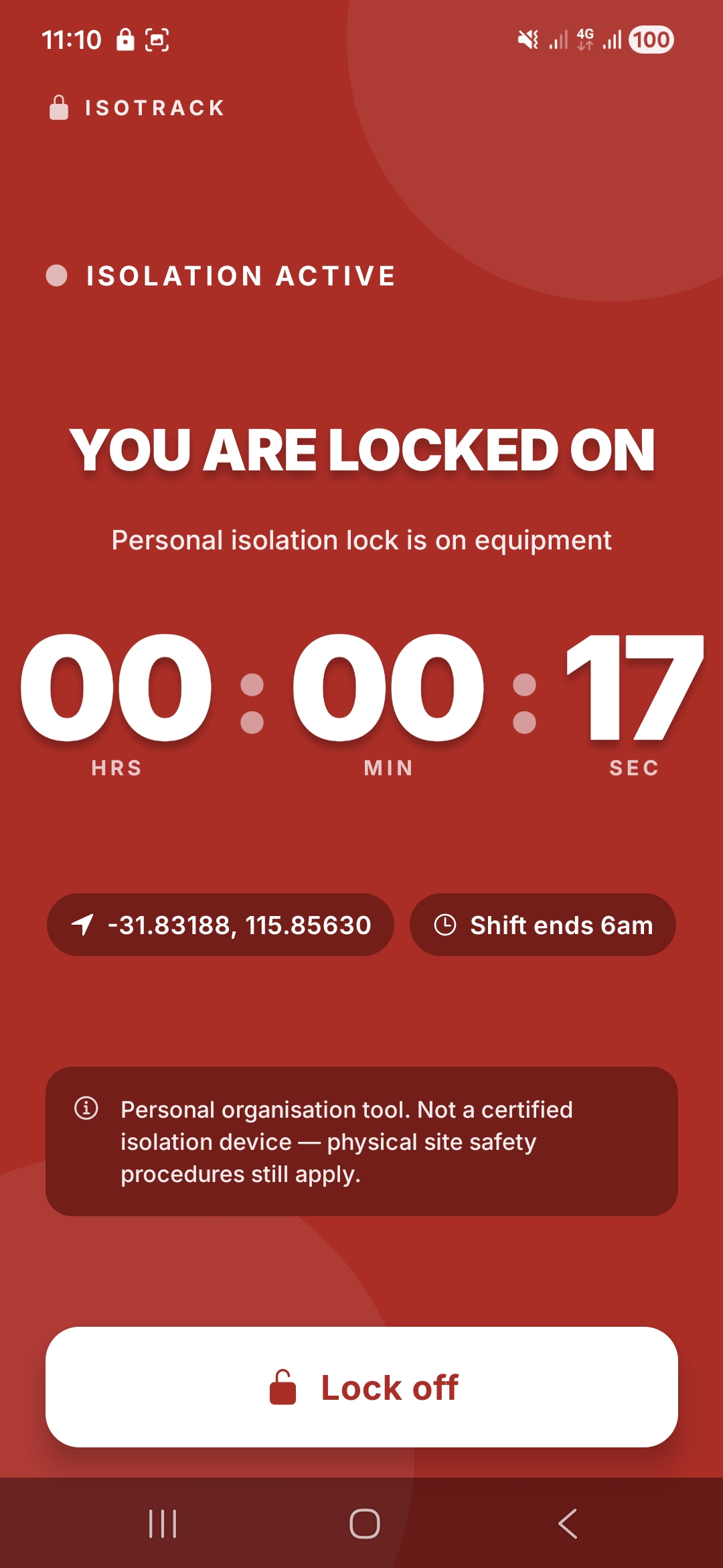 MyRnR ISOtrack lock-active red screen, ISOLATION ACTIVE, YOU ARE LOCKED ON, timer running